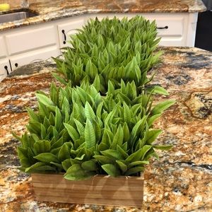Faux greenery in wood containers